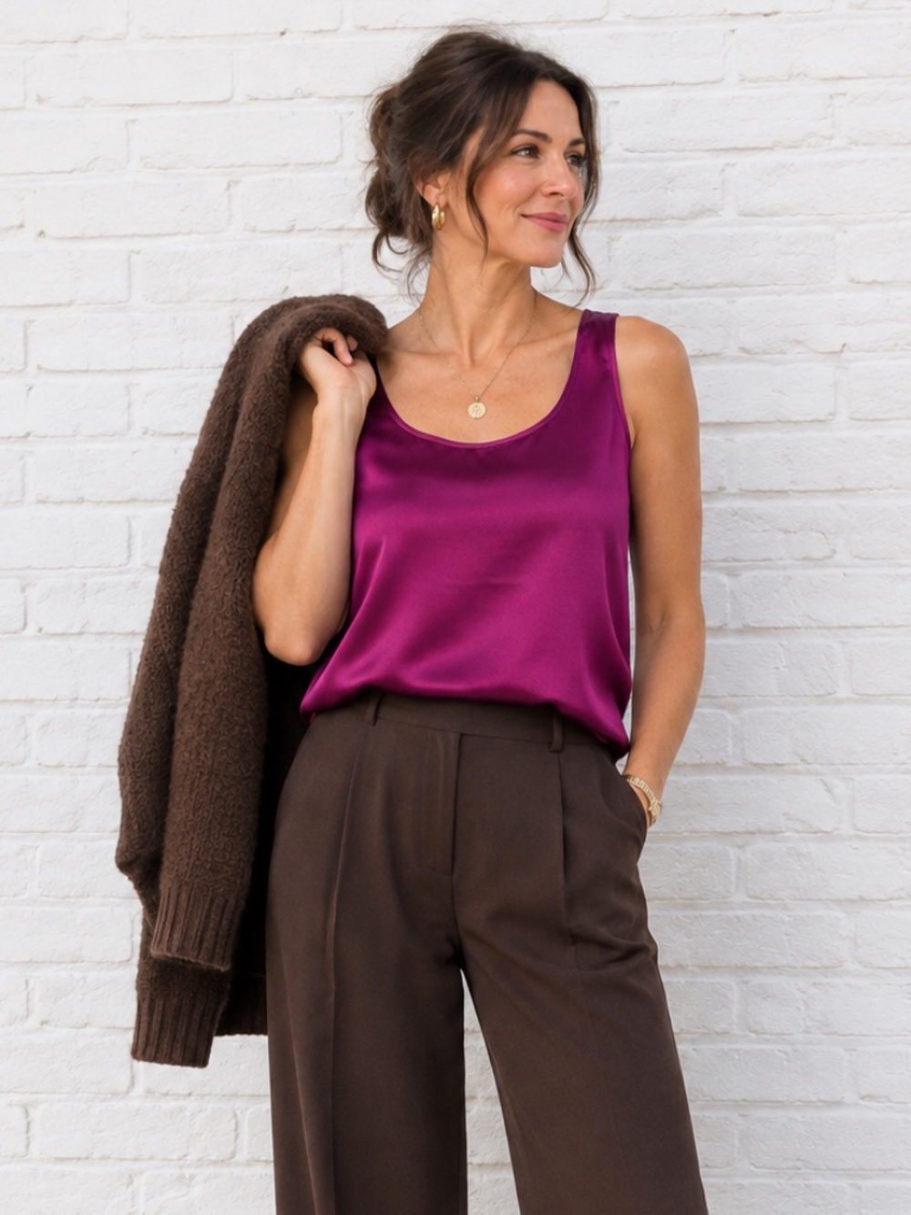 Silk Satin Magenta Purple Sleeveless Tank Top Scoop Neck S/M